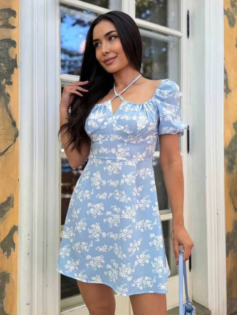 Classic Pullover Halter Short Sleeve Slim Printed Non Stretch Mini Dress - Image 3