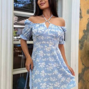 Classic Pullover Halter Short Sleeve Slim Printed Non Stretch Mini Dress