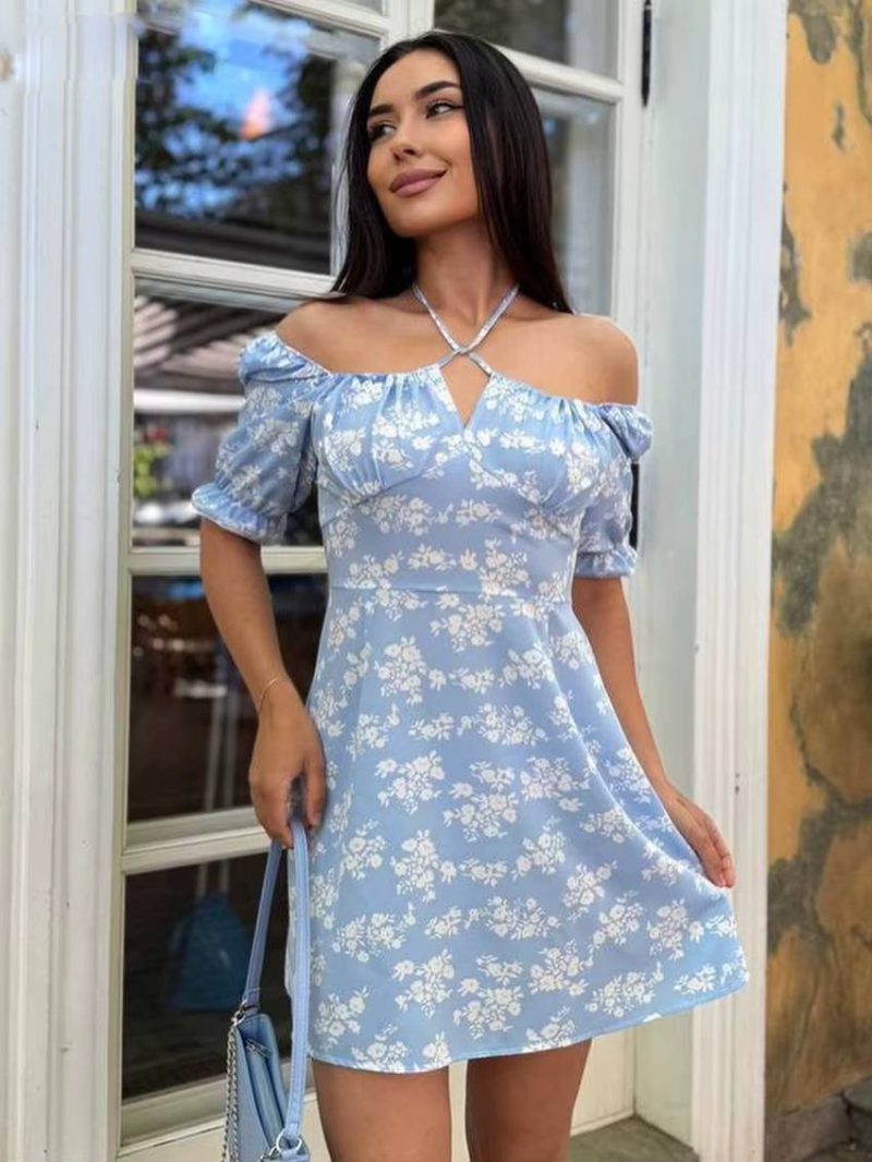 Classic Pullover Halter Short Sleeve Slim Printed Non Stretch Mini Dress