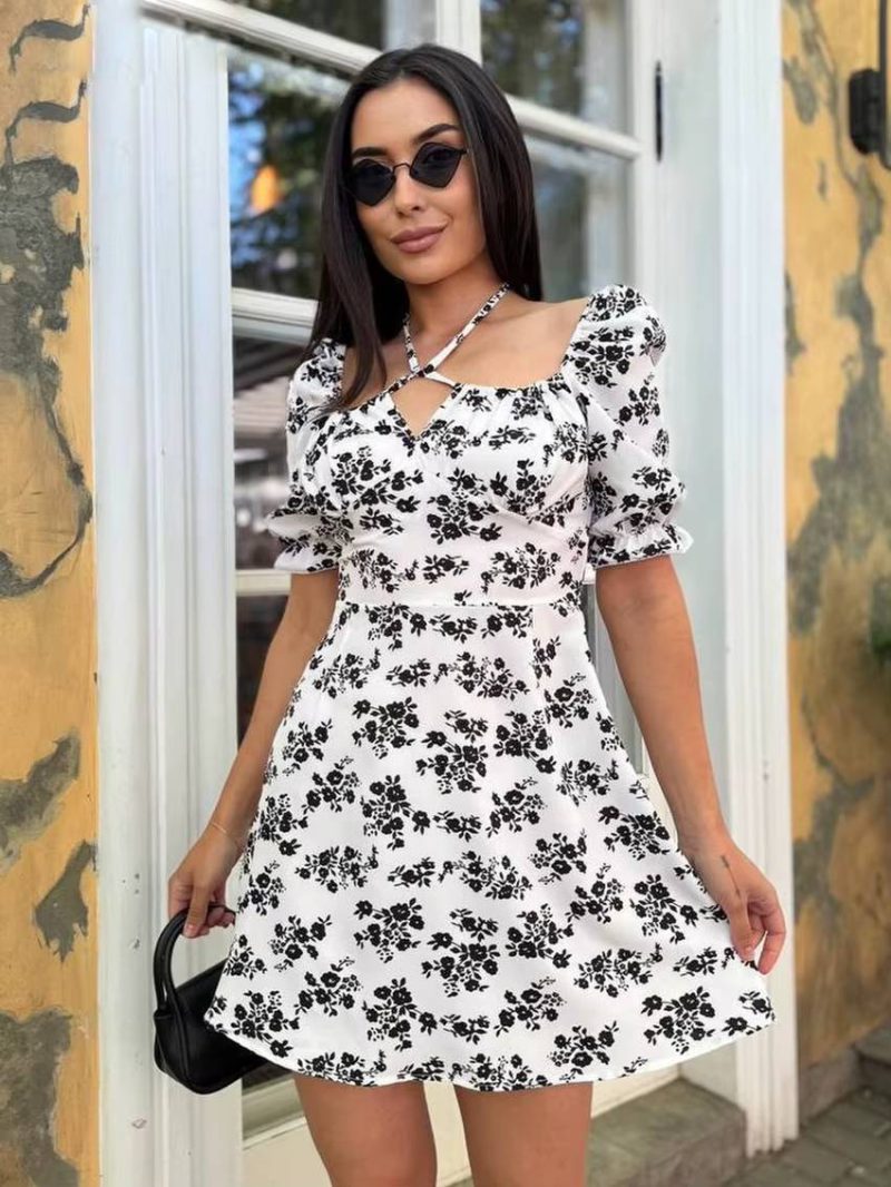 Casual Pullover Halter Short Sleeve Slim Printed Non Stretch Mini Dress