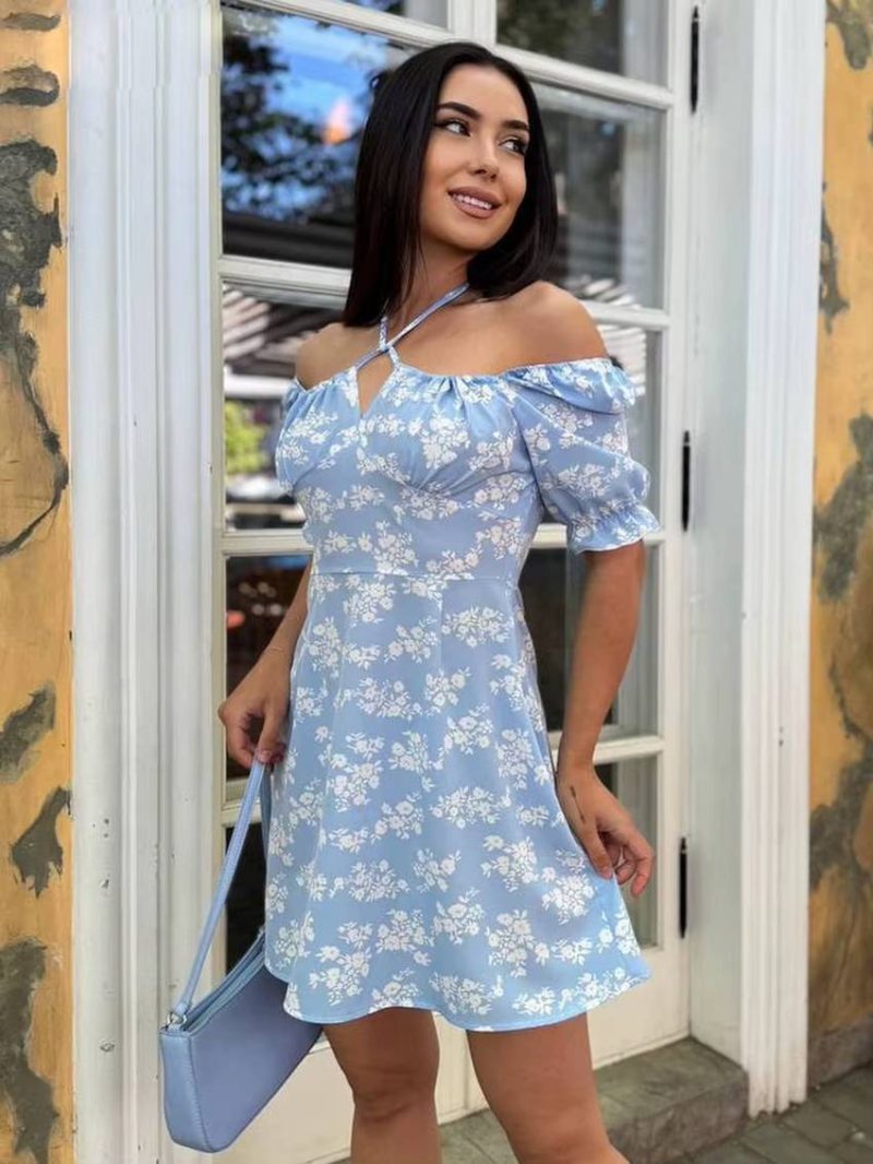 Classic Pullover Halter Short Sleeve Slim Printed Non Stretch Mini Dress - Image 2