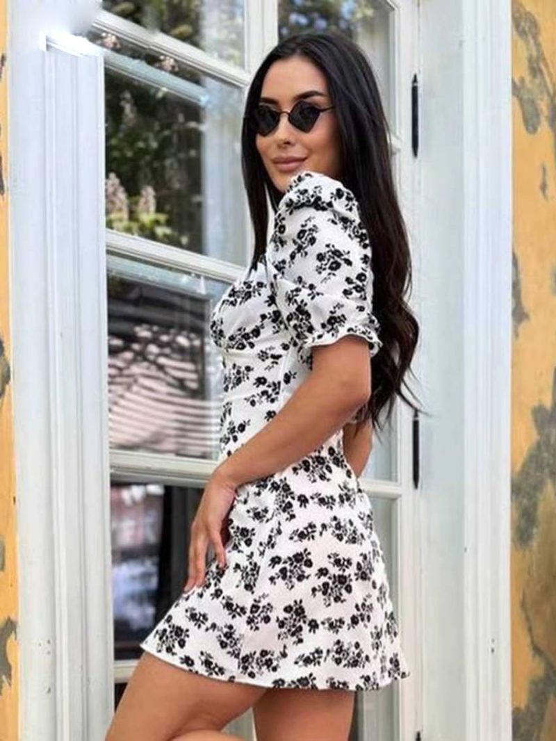 Casual Pullover Halter Short Sleeve Slim Printed Non Stretch Mini Dress - Image 2