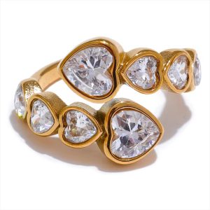 Cubic Zirconia Heart Stainless Steel Adjustable Open Ring - Image 2