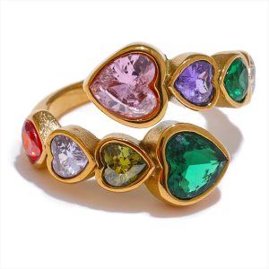 Cubic Zirconia Heart Stainless Steel Adjustable Open Ring - Image 3