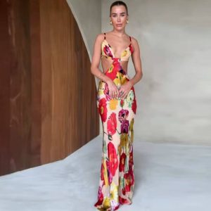 Elegant Backless Flower Print Hollow Out Bodycon Sling Maxi Dress - Image 3