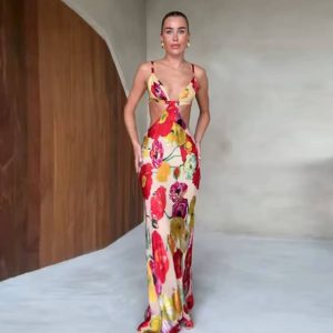 Elegant Backless Flower Print Hollow Out Bodycon Sling Maxi Dress - Image 4