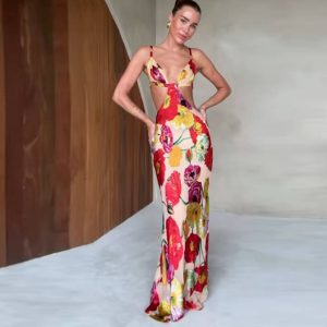 Elegant Backless Flower Print Hollow Out Bodycon Sling Maxi Dress - Image 5