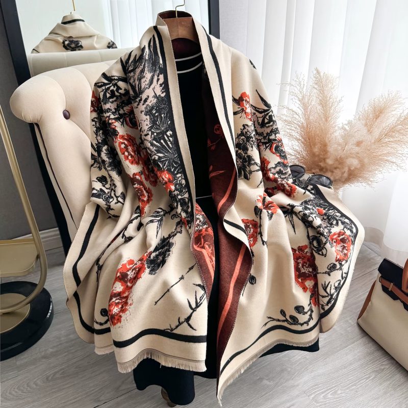 Elegant Flowers Jacquard Pashmina Thick Warmth Two-Sided Shawl Cashmere Scarf