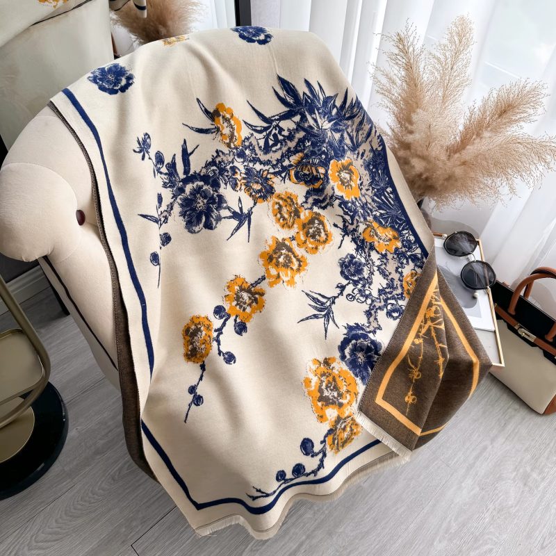 Elegant Flowers Jacquard Pashmina Thick Warmth Two-Sided Shawl Cashmere Scarf - Image 9