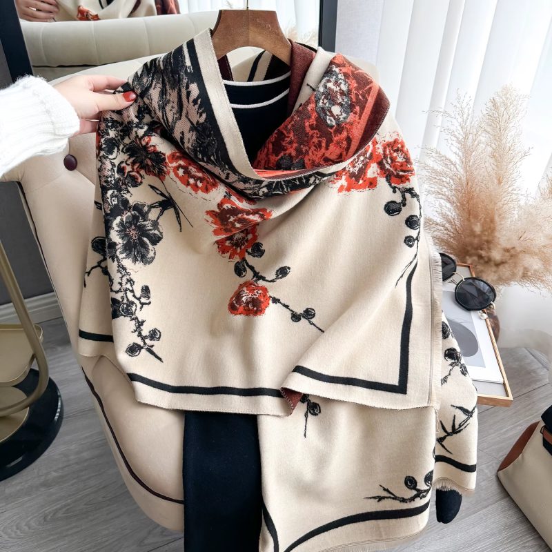 Elegant Flowers Jacquard Pashmina Thick Warmth Two-Sided Shawl Cashmere Scarf - Image 2