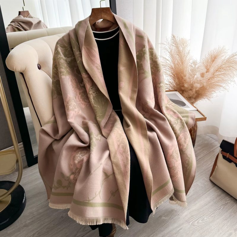 Elegant Flowers Jacquard Pashmina Thick Warmth Two-Sided Shawl Cashmere Scarf - Image 4