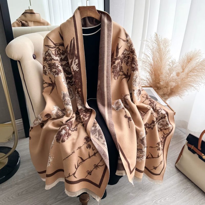 Elegant Flowers Jacquard Pashmina Thick Warmth Two-Sided Shawl Cashmere Scarf - Image 6