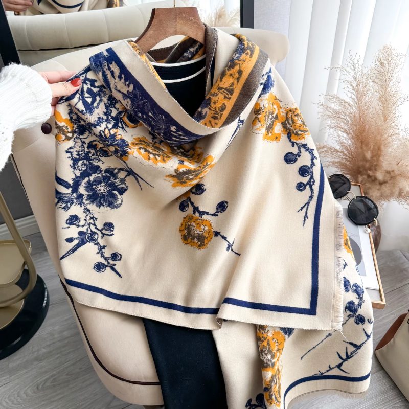 Elegant Flowers Jacquard Pashmina Thick Warmth Two-Sided Shawl Cashmere Scarf - Image 8