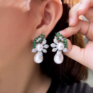 Leaf Shape Cubic Zirconia Water Drop Dangle Pearl Wedding Banquet Party Earrings
