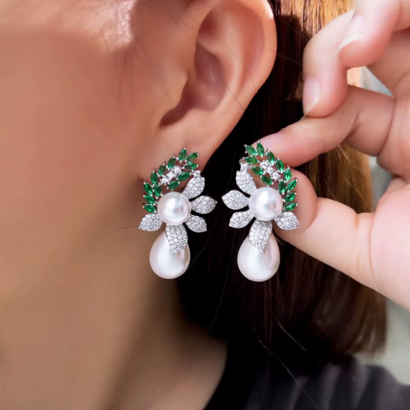 Leaf Shape Cubic Zirconia Water Drop Dangle Pearl Wedding Banquet Party Earrings