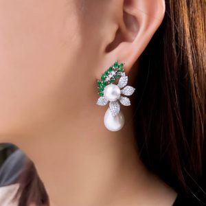Leaf Shape Cubic Zirconia Water Drop Dangle Pearl Wedding Banquet Party Earrings - Image 2