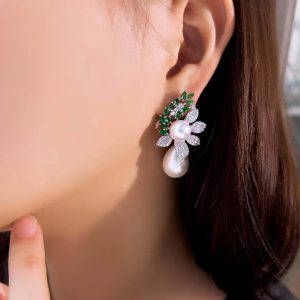 Leaf Shape Cubic Zirconia Water Drop Dangle Pearl Wedding Banquet Party Earrings - Image 3