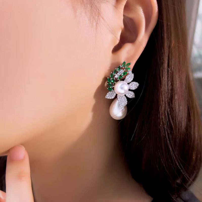 Leaf Shape Cubic Zirconia Water Drop Dangle Pearl Wedding Banquet Party Earrings - Image 3