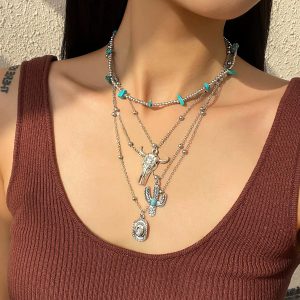 Vintage Cactus Cow Head Cowboy Hat Ethnic Layer Bead Chain Necklace 4Pcs Set - Image 3