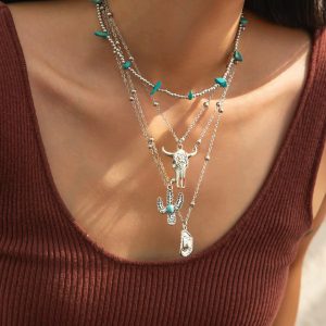 Vintage Cactus Cow Head Cowboy Hat Ethnic Layer Bead Chain Necklace 4Pcs Set - Image 4