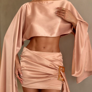 Cape Sleeve Crop Top Skirt Waist Chic Draped Mini Skirt Outfits Two-piece Suit - Image 2