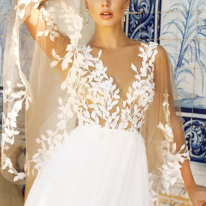 Chiffon Lace Ball Floor-Length Natural Waist Zipper Long Sleeves V-Neck Gown - Image 2