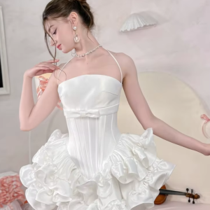 Lace-up Sleeveless Bow Ruffles A-line Dress Shorts Suits Dress Two Piece Cocktail Set - Image 5