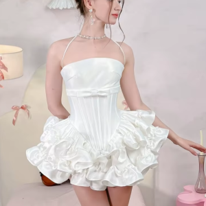 Lace-up Sleeveless Bow Ruffles A-line Dress Shorts Suits Dress Two Piece Cocktail Set - Image 4