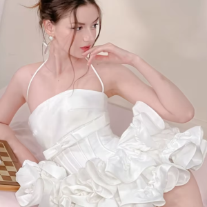 Lace-up Sleeveless Bow Ruffles A-line Dress Shorts Suits Dress Two Piece Cocktail Set - Image 6