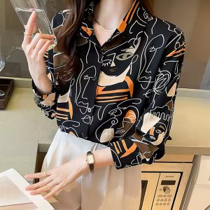 Simplicity Loose Abstract Chiffon Turn-down Collar Long Sleeve Shirts - Image 2