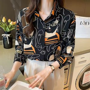 Simplicity Loose Abstract Chiffon Turn-down Collar Long Sleeve Shirts - Image 3