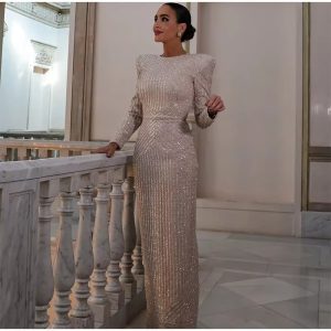 Elegant Sequin Shinny Slim O-neck Full Sleeves Slim Hip  Long Dress - Image 5