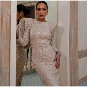 Elegant Sequin Shinny Slim O-neck Full Sleeves Slim Hip  Long Dress - Image 4