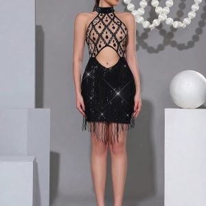 Elegant zipper Diamonds Sequin Tassels Prom Sleeveless Dress