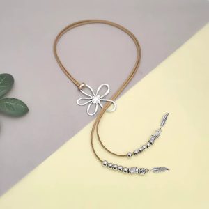 Bohemian Flower Faux Suedette Cord Lariat with Beaded Feather Charms Daily Wear Necklace - Image 2