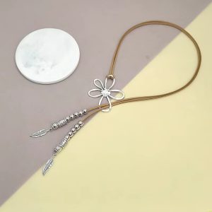 Bohemian Flower Faux Suedette Cord Lariat with Beaded Feather Charms Daily Wear Necklace - Image 3