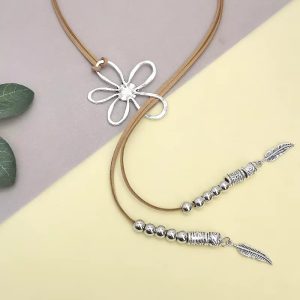 Bohemian Flower Faux Suedette Cord Lariat with Beaded Feather Charms Daily Wear Necklace - Image 5