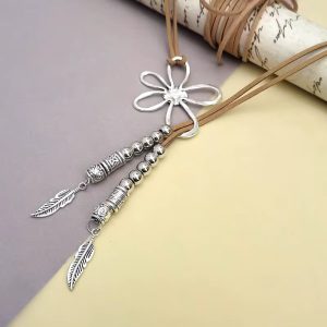 Bohemian Flower Faux Suedette Cord Lariat with Beaded Feather Charms Daily Wear Necklace - Image 6