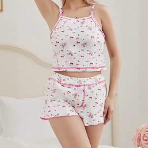 Casual Bow Flower Print Spaghetti Strap Crop Tops Lettuce Elastic Mini Shorts Night Dress - Image 2