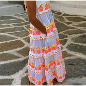 Casual Contrast Square Collar Sleeveless Pleated Loose Print Lace Up Long Maxi Dress - Image 6