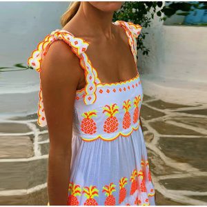 Casual Contrast Square Collar Sleeveless Pleated Loose Print Lace Up Long Maxi Dress - Image 5