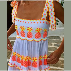 Casual Contrast Square Collar Sleeveless Pleated Loose Print Lace Up Long Maxi Dress - Image 4