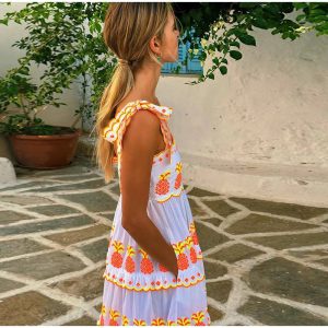 Casual Contrast Square Collar Sleeveless Pleated Loose Print Lace Up Long Maxi Dress - Image 3