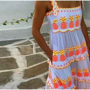 Casual Contrast Square Collar Sleeveless Pleated Loose Print Lace Up Long Maxi Dress - Image 7