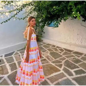 Casual Contrast Square Collar Sleeveless Pleated Loose Print Lace Up Long Maxi Dress - Image 2