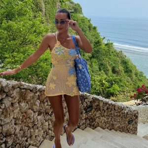 Casual Flower Skew-collar Sleeveless Beach Crochet Strap Short Mini Dress - Image 2