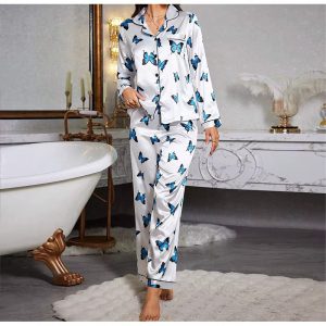 Casual Long Sleeved Top Elastic Waist Printed Long Sleepwear Two Piece Set - Image 3