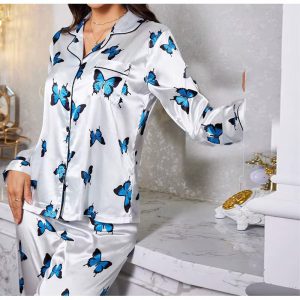 Casual Long Sleeved Top Elastic Waist Printed Long Sleepwear Two Piece Set - Image 5
