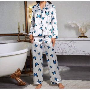 Casual Long Sleeved Top Elastic Waist Printed Long Sleepwear Two Piece Set - Image 4