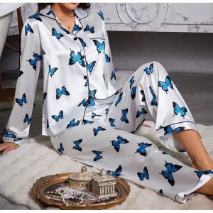 Casual Long Sleeved Top Elastic Waist Printed Long Sleepwear Two Piece Set - Image 6